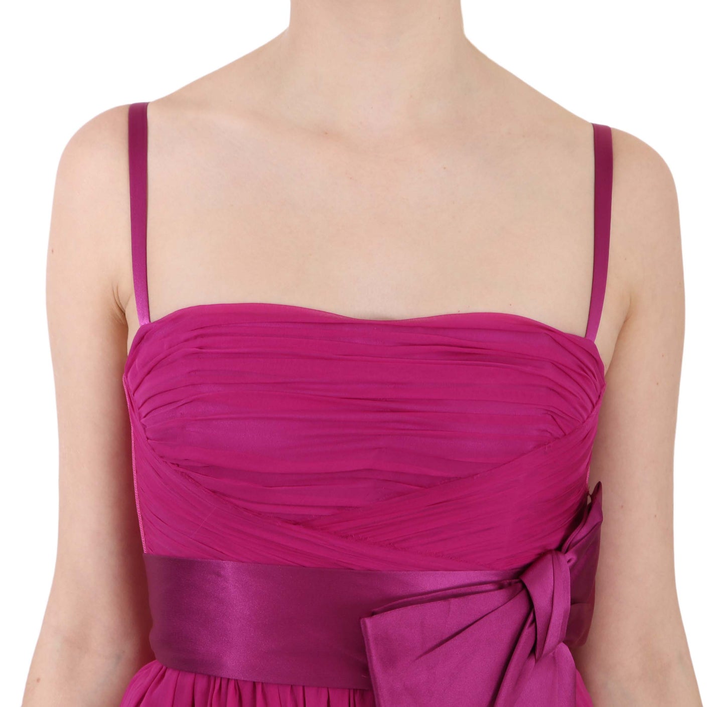 Robe sans manches en soie avec nœud rose fuchsia