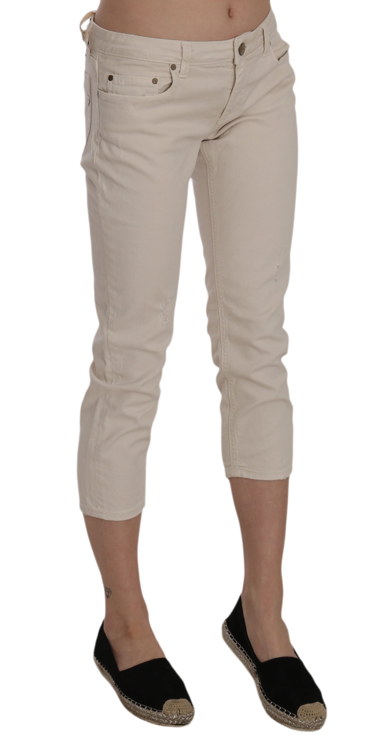 Jeans capri skinny cropped a vita bassa in cotone beige elasticizzato