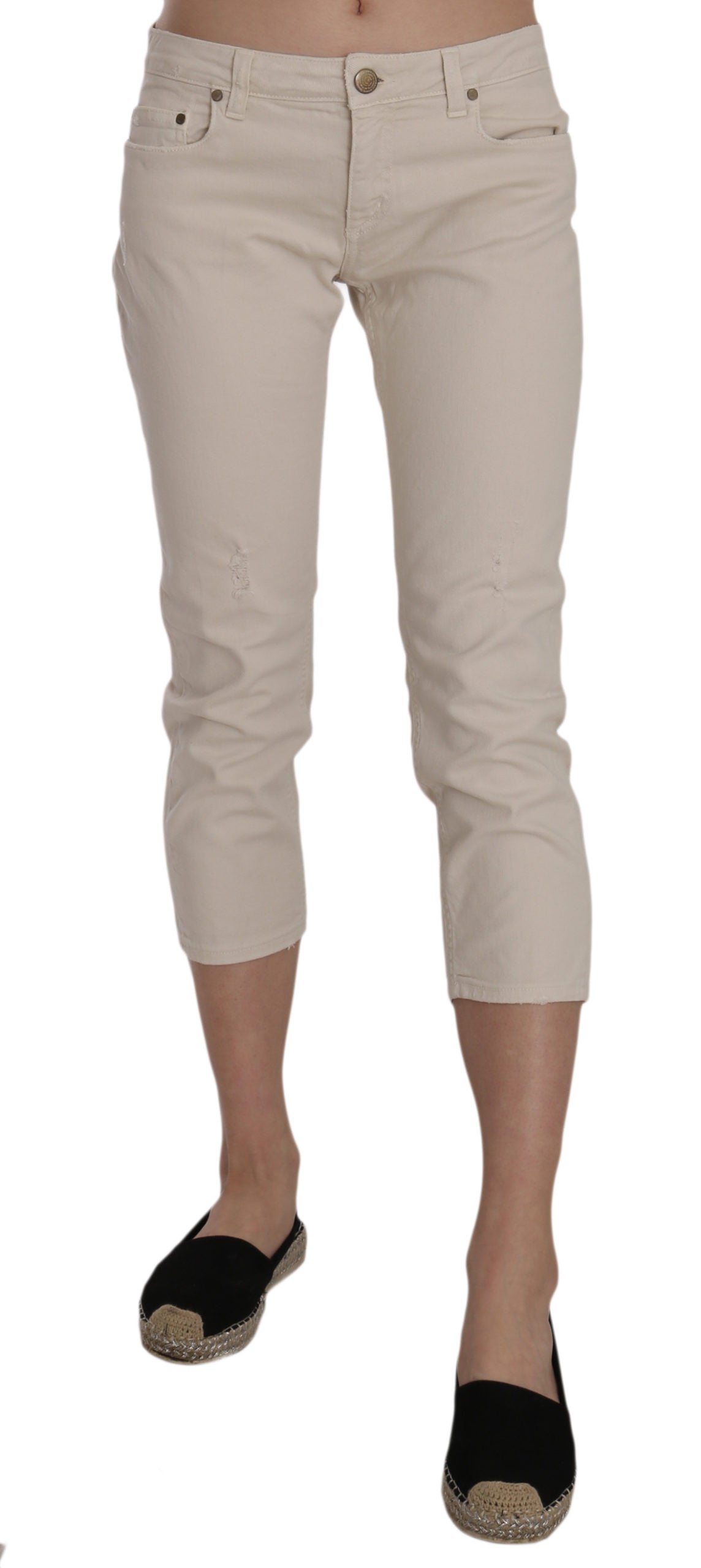 Jeans capri skinny cropped a vita bassa in cotone beige elasticizzato