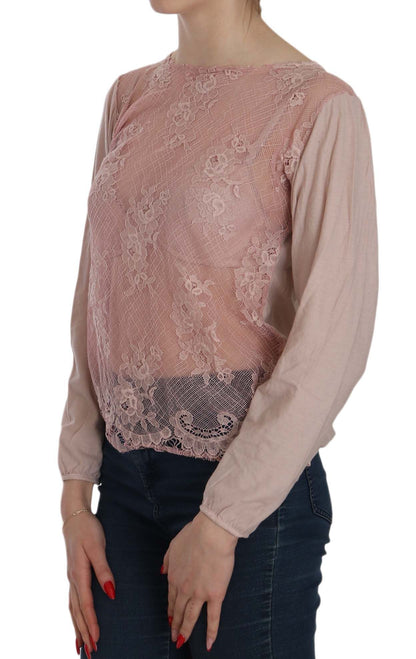 Blouse transparente en dentelle rose à manches longues