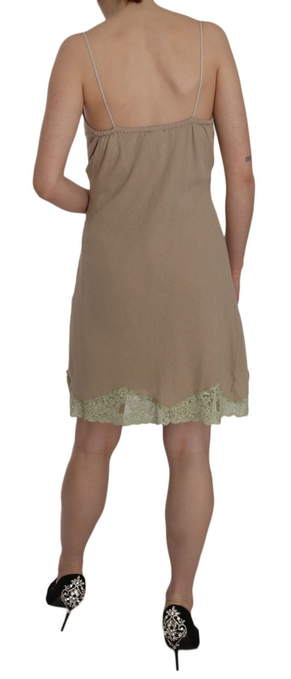 Mini abito in cotone con cinturino spaghetti in pizzo beige