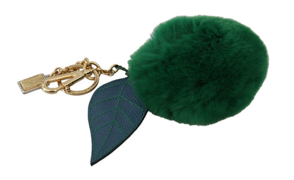 Porte-clés femme en cuir vert et fourrure avec fermoir doré