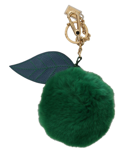 Porte-clés femme en cuir vert et fourrure avec fermoir doré