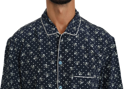 Chemise de nuit en soie bleue à imprimé tête de mort