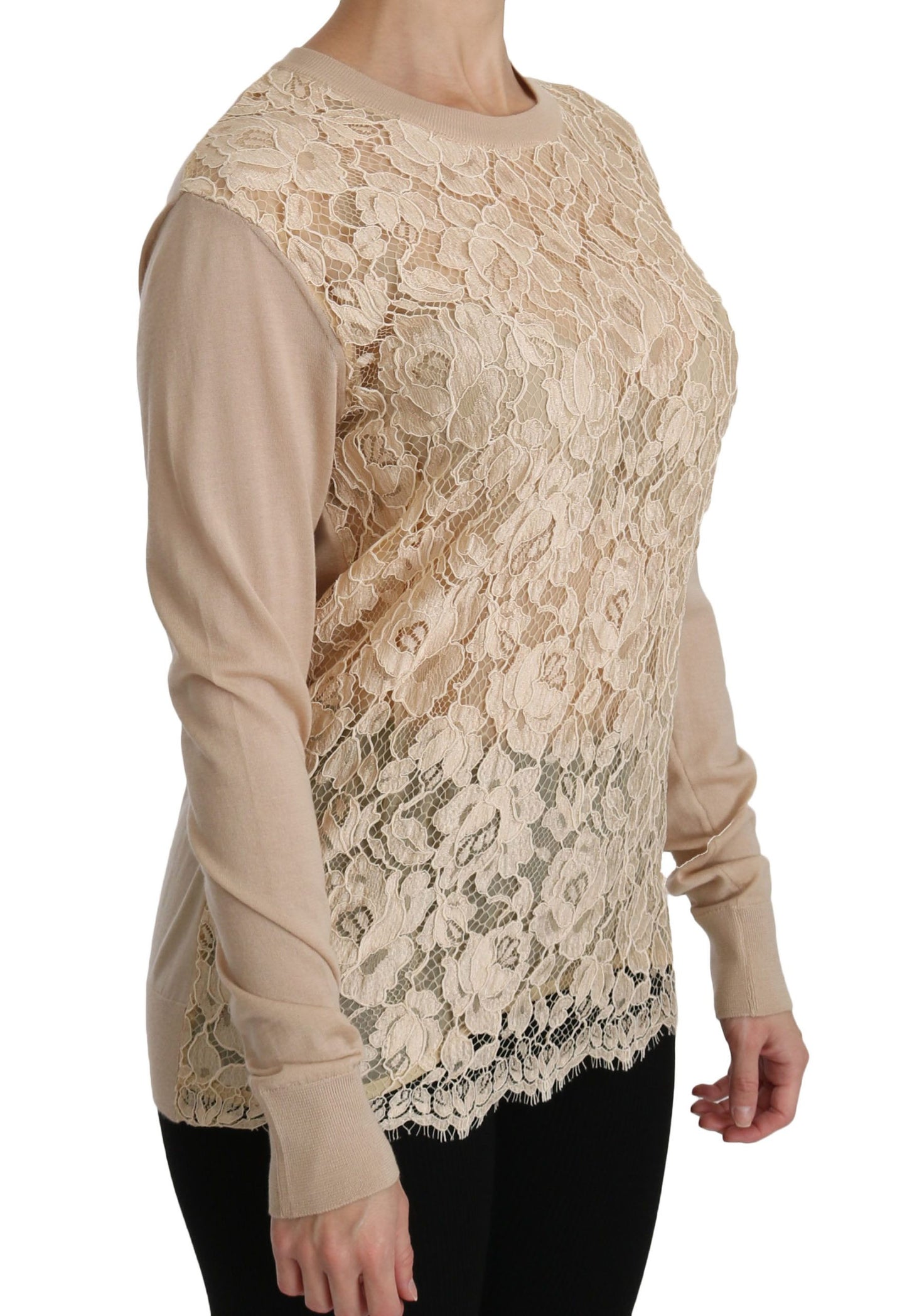 Camicetta in cashmere con top a maniche lunghe in pizzo beige