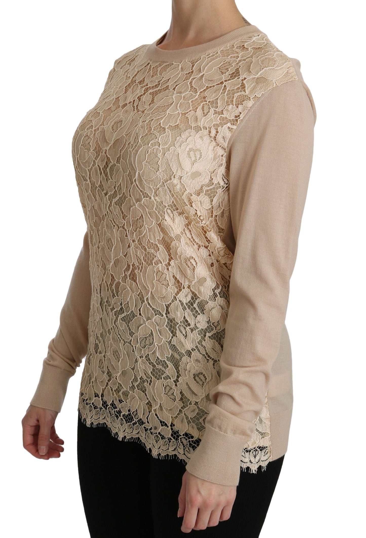 Camicetta in cashmere con top a maniche lunghe in pizzo beige