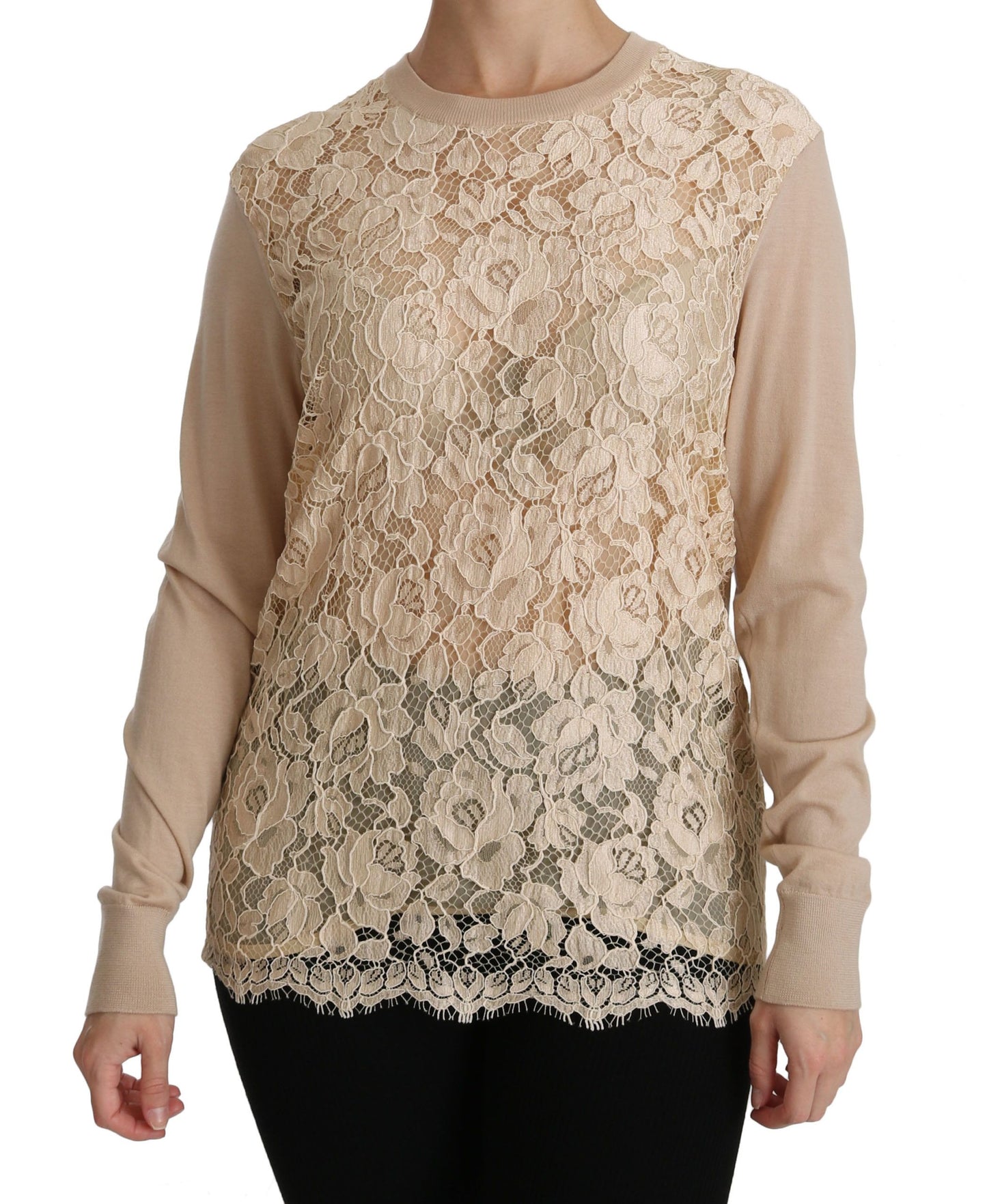 Camicetta in cashmere con top a maniche lunghe in pizzo beige