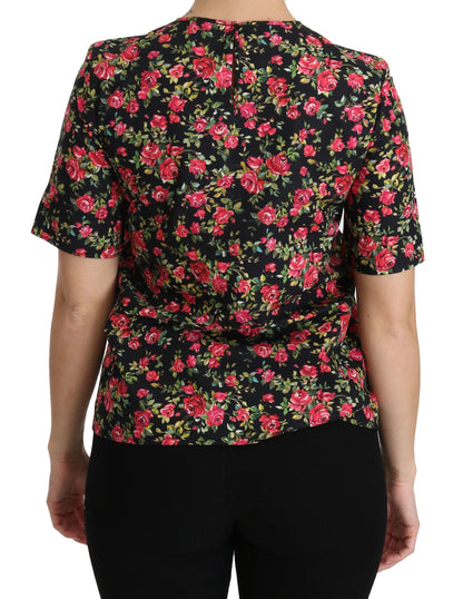 Schwarze, kurzärmlige Top-Bluse mit Blumen-Rosen-Motiv