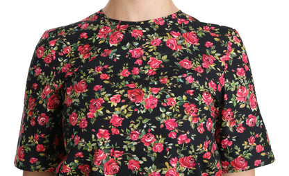 Schwarze, kurzärmlige Top-Bluse mit Blumen-Rosen-Motiv