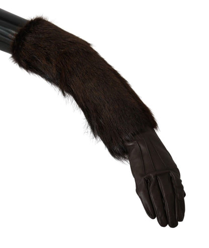 Mitaines marron longueur coude, gants en fourrure et cuir