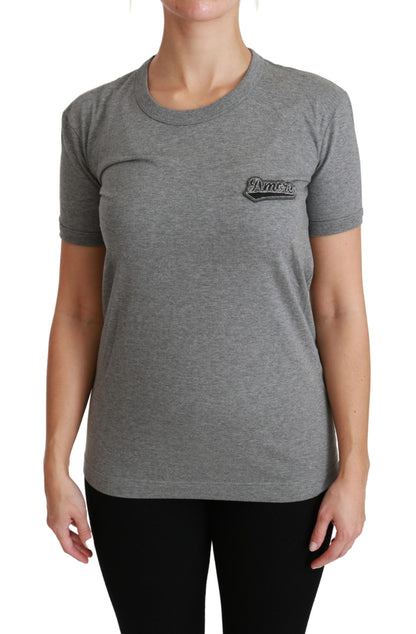 T-shirt girocollo in cotone grigio con patch Amore