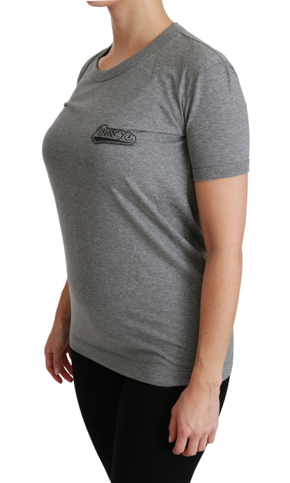 T-shirt girocollo in cotone grigio con patch Amore