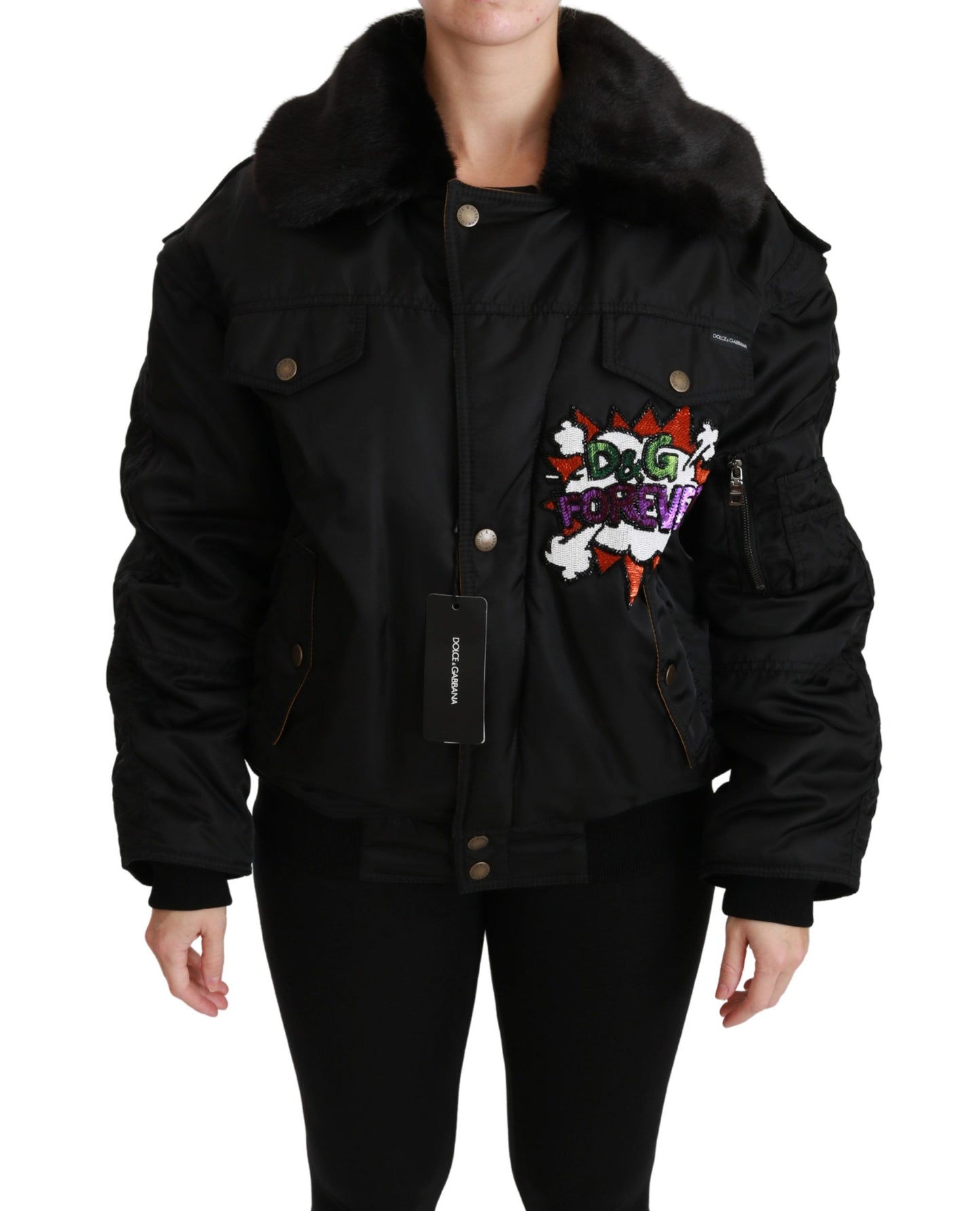 Dolce &amp; Gabbana Elegante schwarze Bomberjacke mit abnehmbaren Details