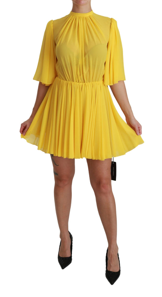 Mini-robe trapèze plissée jaune 100% soie