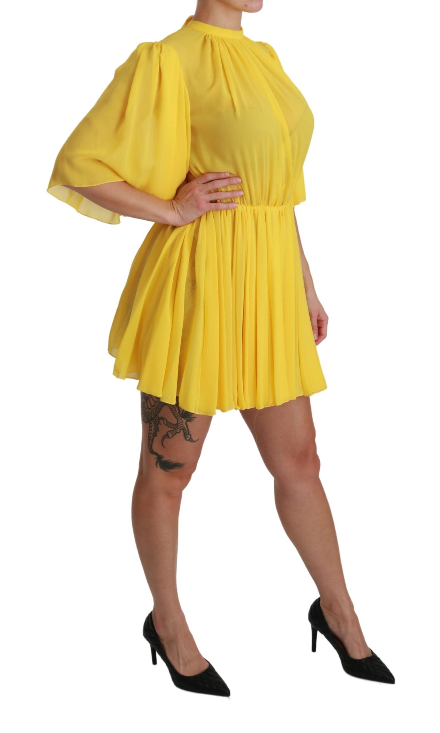 Mini-robe trapèze plissée jaune 100% soie