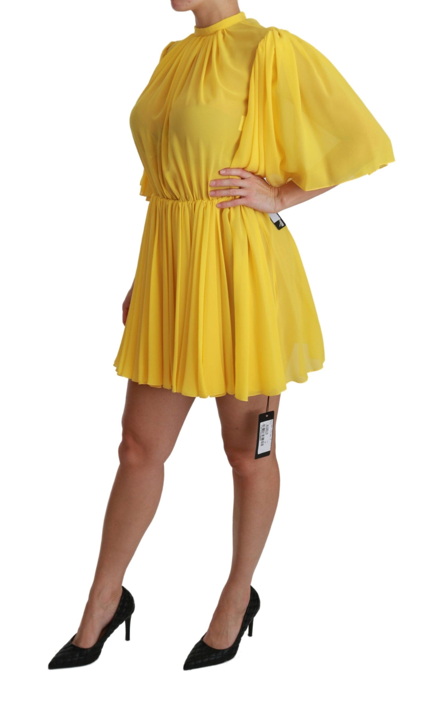 Mini-robe trapèze plissée jaune 100% soie