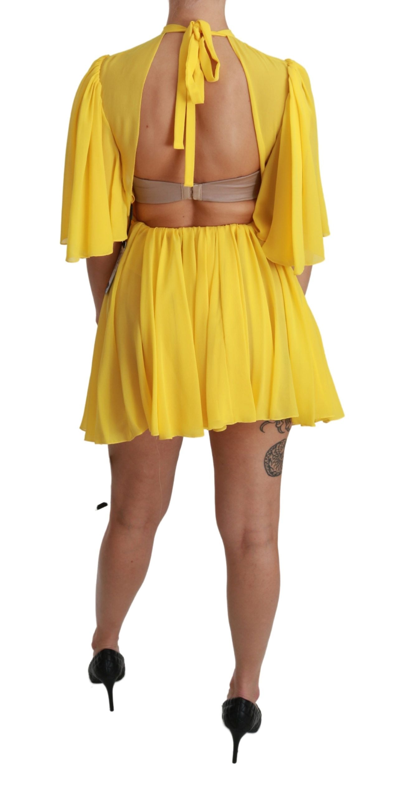 Mini-robe trapèze plissée jaune 100% soie