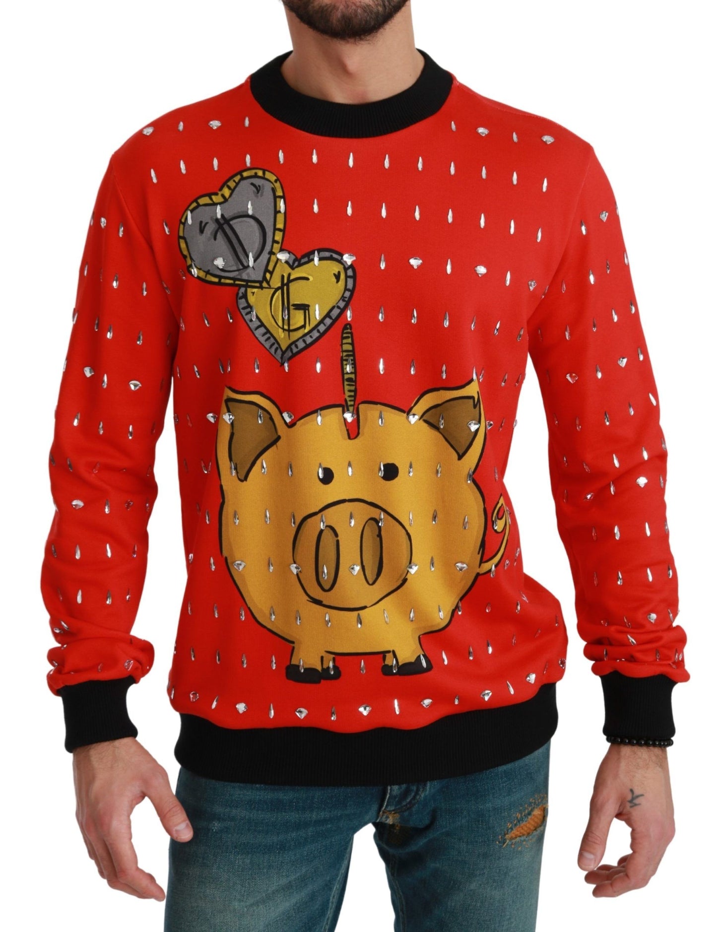 Roter Kristall-Pullover „Schwein des Jahres“.