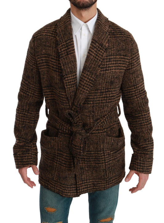 Braun karierte Wollmantel-Wickeljacke