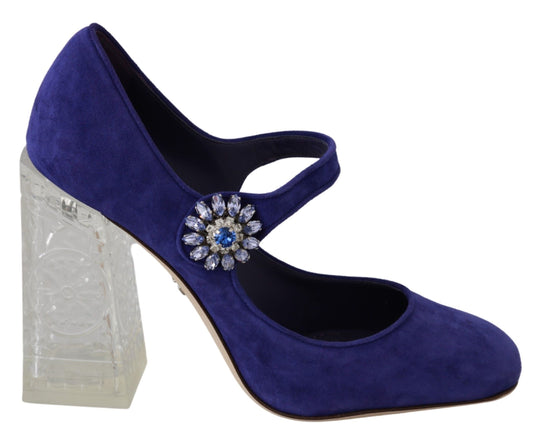 Scarpe con tacco in pelle scamosciata viola con décolleté in cristallo