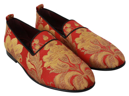 Chaussures de mocassins de pantoufles de brocart d'or rouge