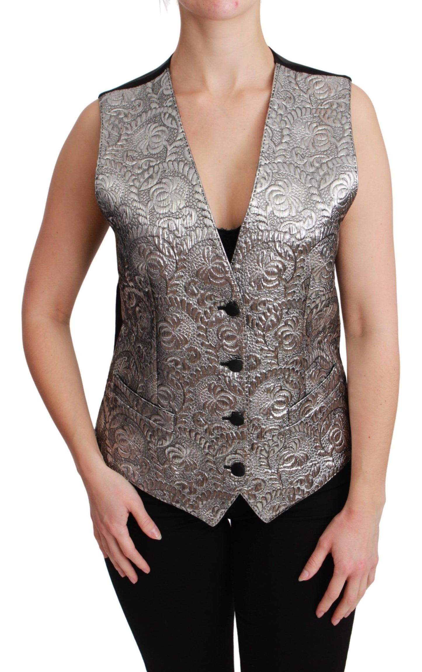 Top metallico senza maniche in broccato argento