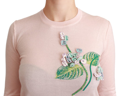 Pull en cachemire et soie fleuri rose