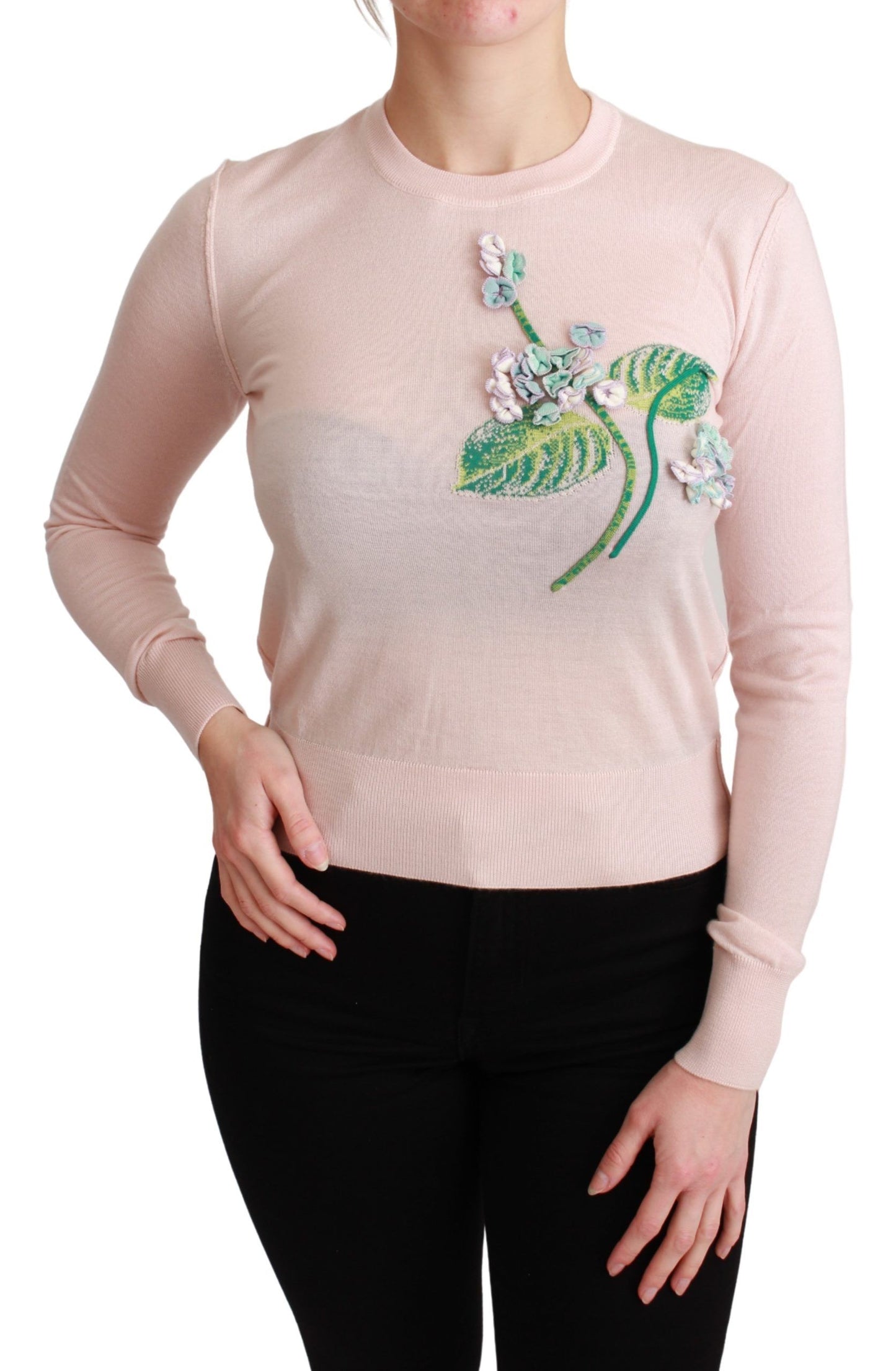 Pull en cachemire et soie fleuri rose