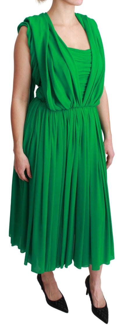 Robe longue plissée sans manches verte 100% soie