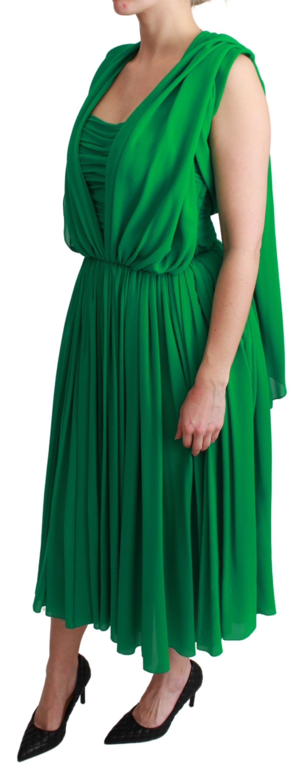 Robe longue plissée sans manches verte 100% soie