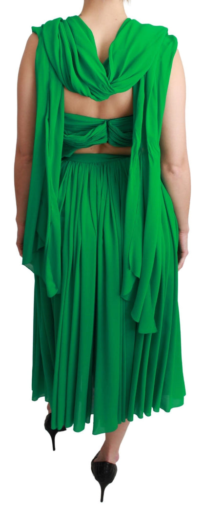 Robe longue plissée sans manches verte 100% soie