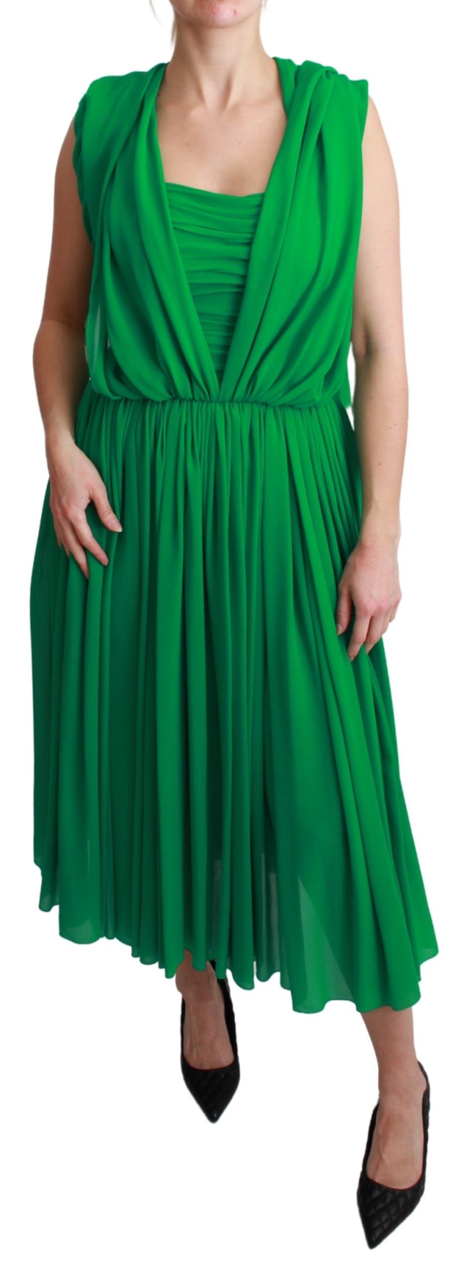 Robe longue plissée sans manches verte 100% soie