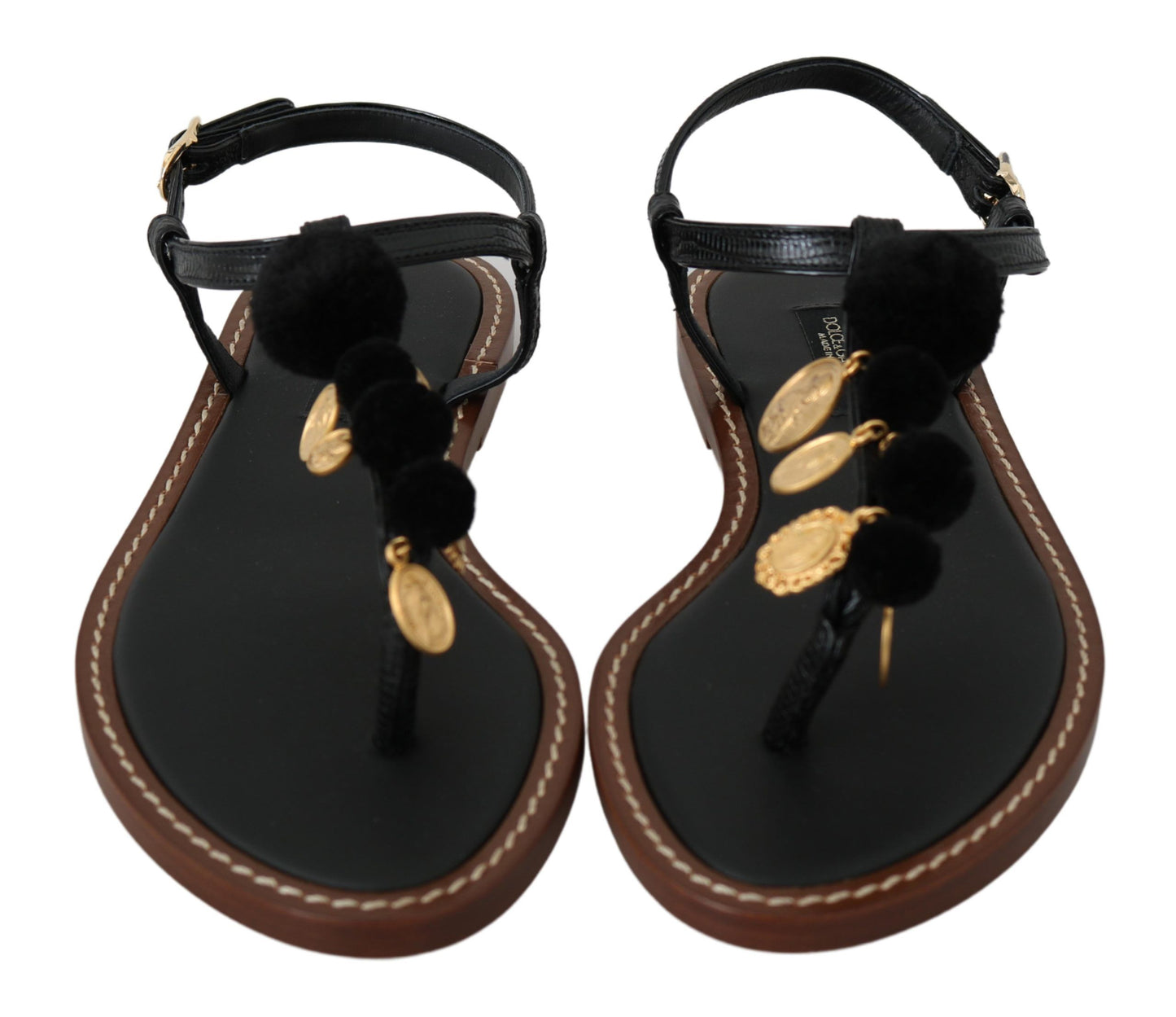 Schwarze Ledermünzen Flip Flops Sandalen Schuhe