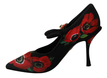 Schwarz-rote Mary-Jane-Pumps mit Blumenmuster