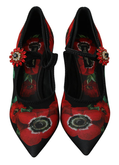 Schwarz-rote Mary-Jane-Pumps mit Blumenmuster