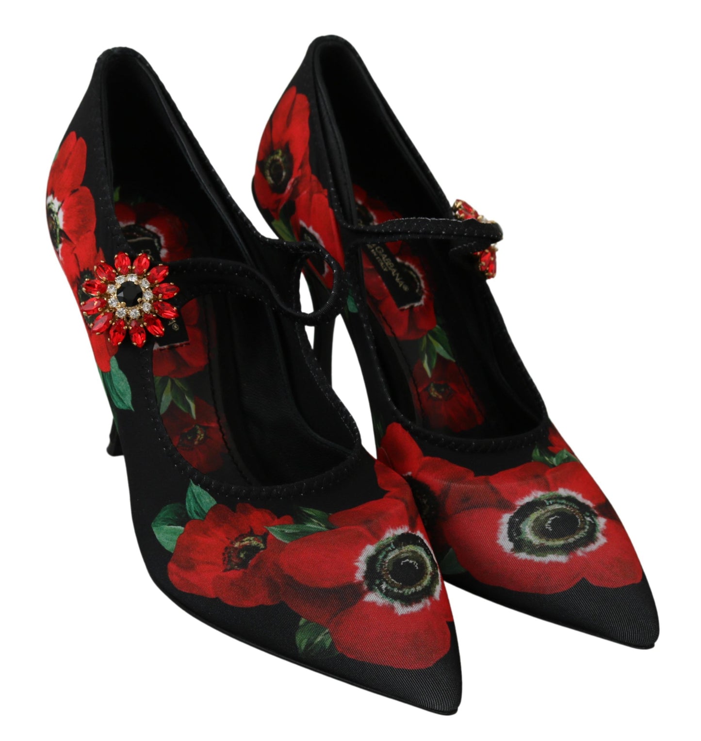 Schwarz-rote Mary-Jane-Pumps mit Blumenmuster