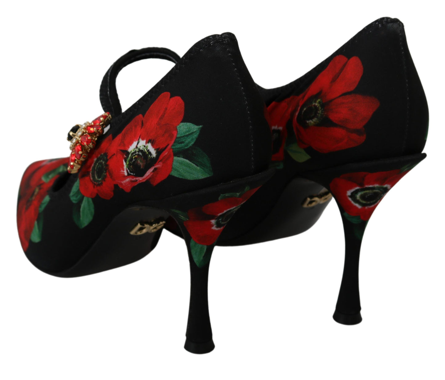 Schwarz-rote Mary-Jane-Pumps mit Blumenmuster