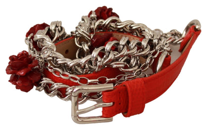 Ceinture argentée florale de roses en cuir rouge