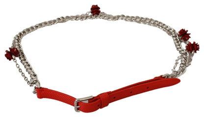 Ceinture argentée florale de roses en cuir rouge