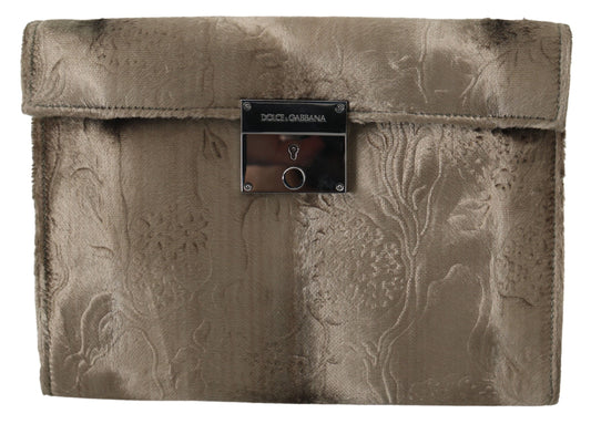 Dolce & Gabbana Beige Velvet Croco-Print Leather Briefcase Clutch