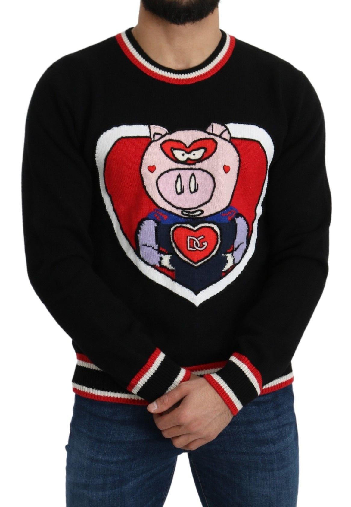 Schwarzer Kaschmir-Pullover „Schwein des Jahres“.