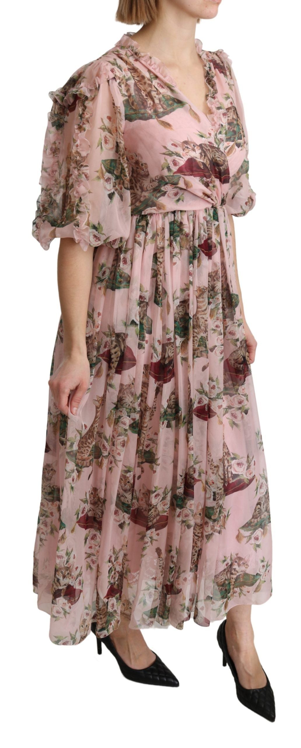 Robe longue trapèze en soie rose à imprimé chat du Bengale