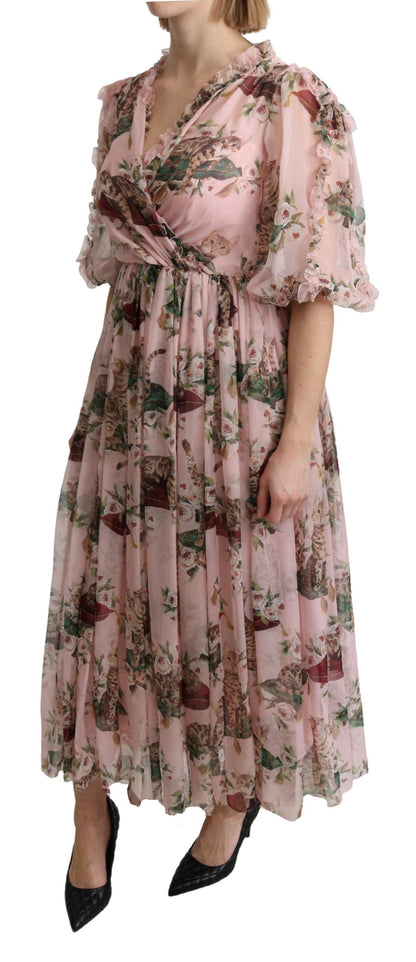 Robe longue trapèze en soie rose à imprimé chat du Bengale