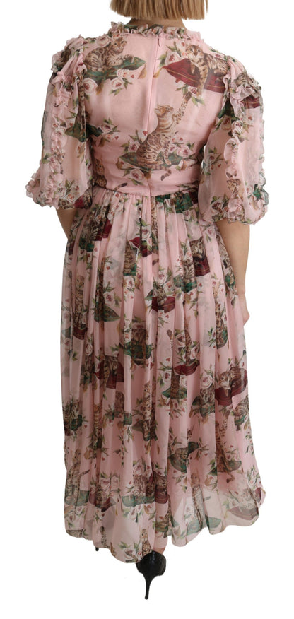 Robe longue trapèze en soie rose à imprimé chat du Bengale