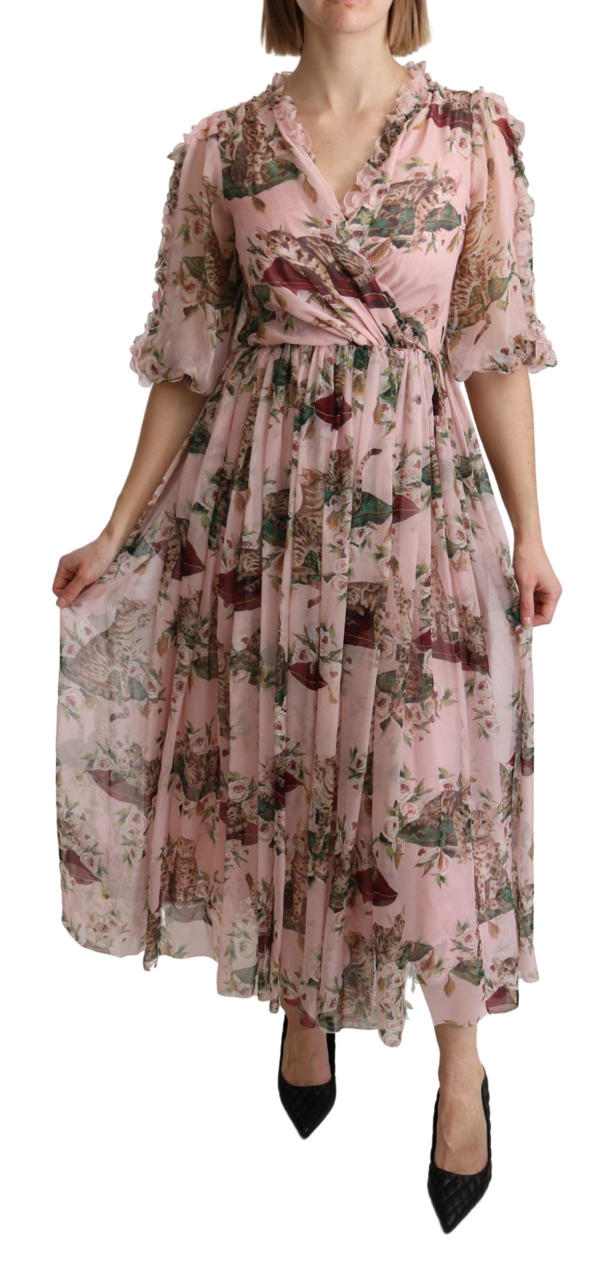 Robe longue trapèze en soie rose à imprimé chat du Bengale