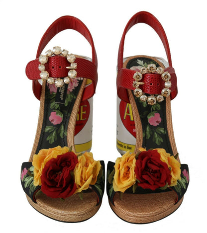 Mehrfarbige AMORE-Sandalen mit zylindrischem Absatz und Blumenverzierung