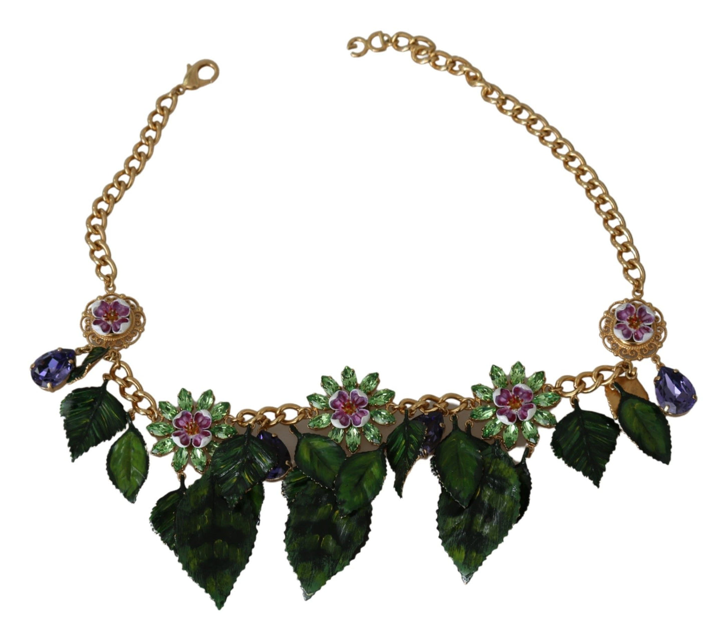 Collana con pendente a forma di fiore in cristallo di ottone dorato con foglie verdi