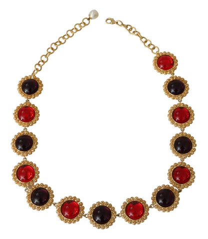 Collana in ottone dorato con catena floreale in cristallo rosso viola