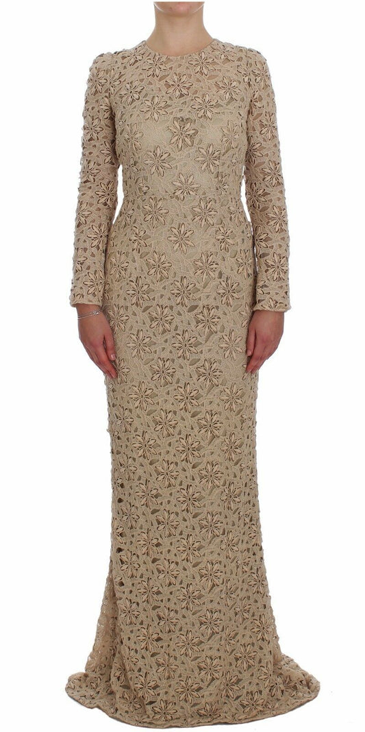 Robe longue fourreau beige en dentelle florale