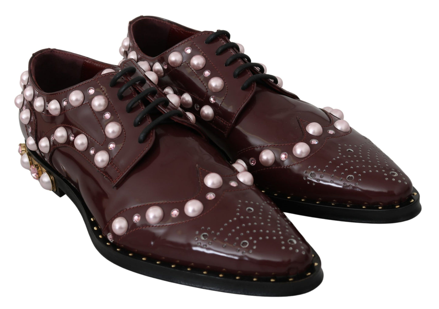 Dolce &amp; Gabbana Elegante Bordeaux-Schnürschuhe mit Perlen und Kristallen